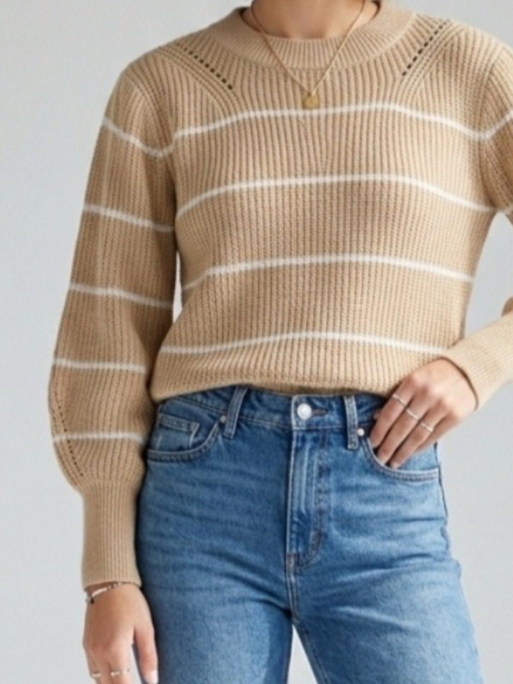 Lumiere Striped Crewneck Knit Sweater warm tan S NWT